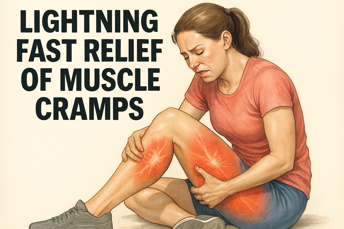 Over an image of a woman with muscle cramps (legs), write "Lightning Fast Relief of Muscle Cramps" in Termina Font