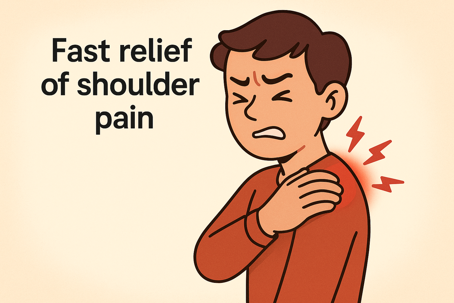 Write "Fast relief of shoulder pain" in Termina font over an image of someone with a sore shoulder (can be animated style)