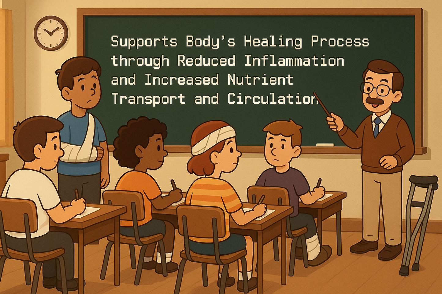 Write "Supports Body's Healing Process through Reduced Inflammation and Increased Nutrient Transport and Circulation" in Termina on a black board with an animation of a teacher at the front of a classroom with a class of injured students in casts, leg braces, shoulder slings, etc.