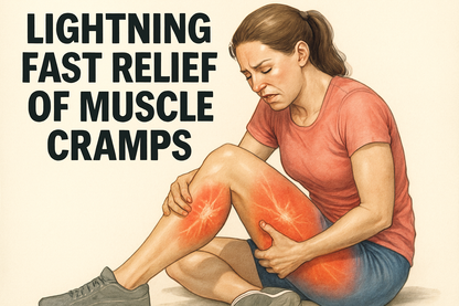 Over an image of a woman with muscle cramps (legs), write "Lightning Fast Relief of Muscle Cramps" in Termina Font